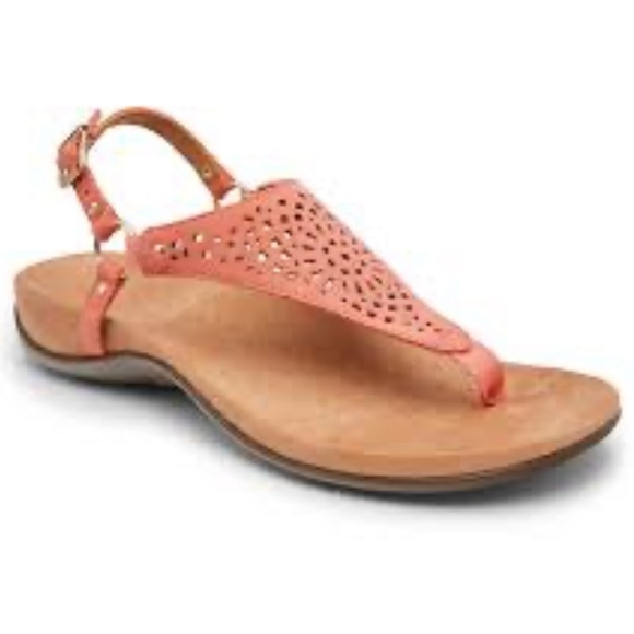 Sz6.5-7 (EU 37.5) Vionic Kirra Backstrap Suede Triangular Thong Coral perf EUC - Picture 1 of 9
